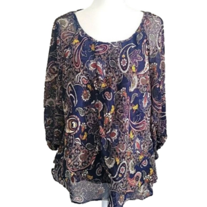 Blousology XL waterfall cascade flowy paisley blue career blouse sheer sleeves